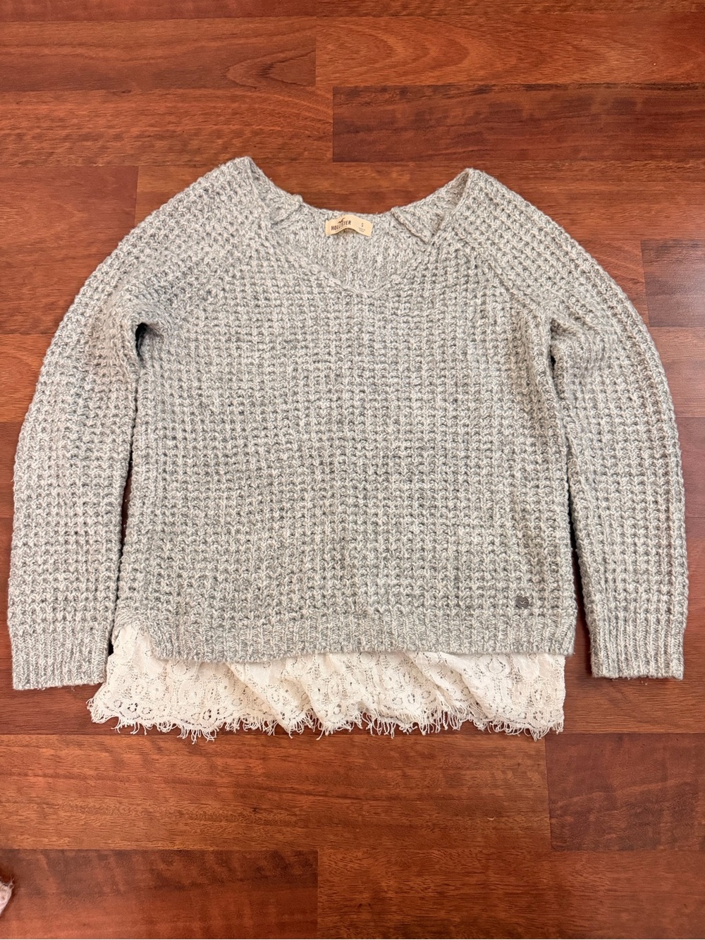Hollister Gray Knit Crewneck Sweater with Cream Lace Hem